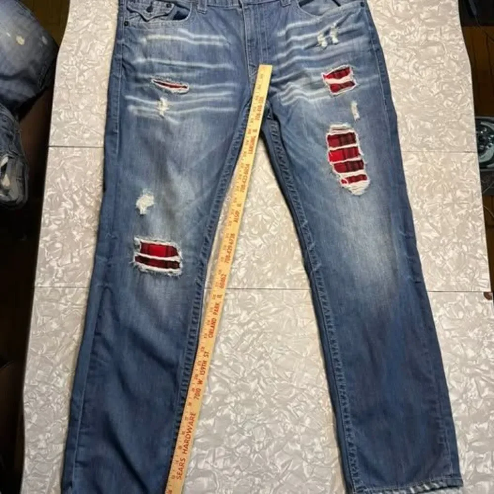True Religion Ricky Straight Leg Jeans Size 40 with Plaid Patches